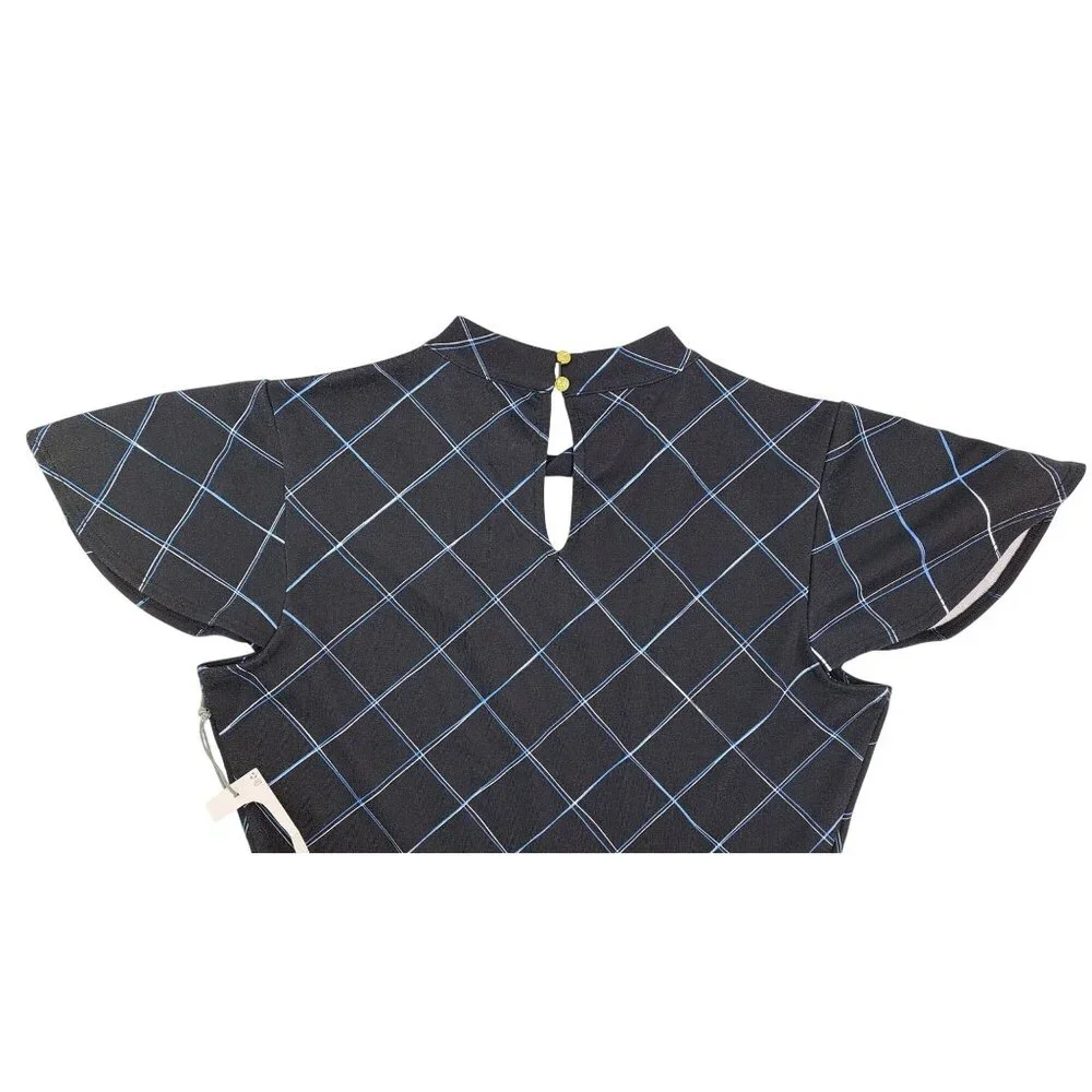 Liz Claiborne Black Plaid Square Fit Flare Dress Women Size 6 Keyhole Back Blue - Picture 7 of 9